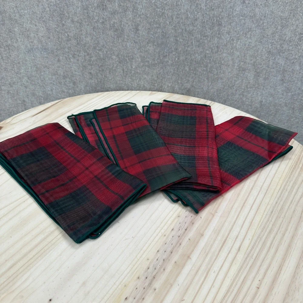 4 VTG Plaid Chiffon Sheer Napkins Red Green Tartan Plaid Holiday Table Linens